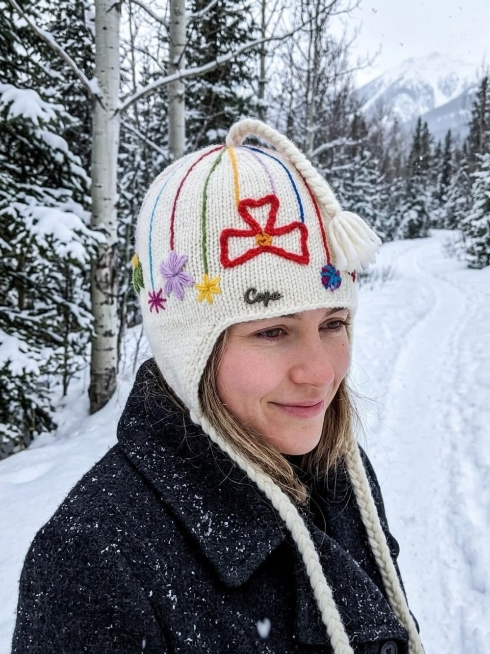 CAPO Cozy Kids Ivory Knit Pom Pom Hat with Rainbow Embroidery